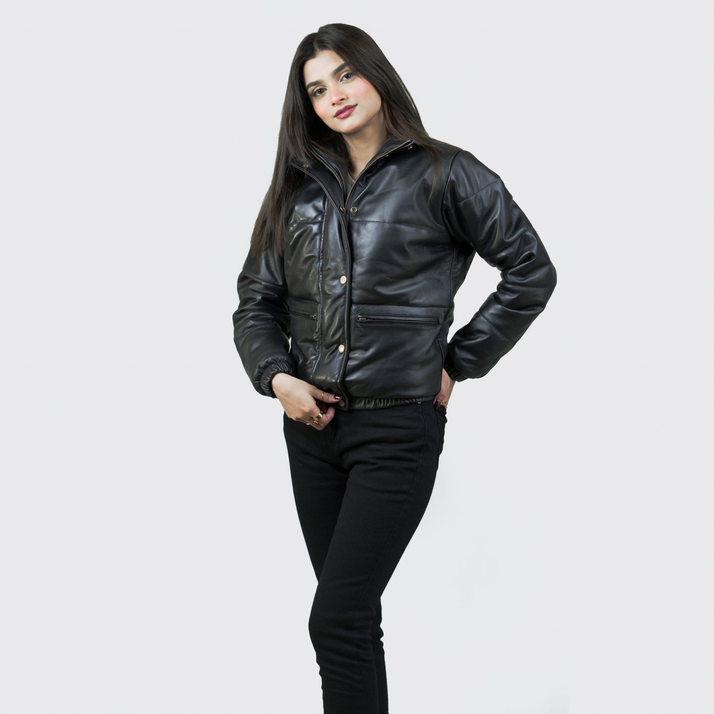 Luxurious Puffer Leather Jacket w/ Stand Collar - Renée