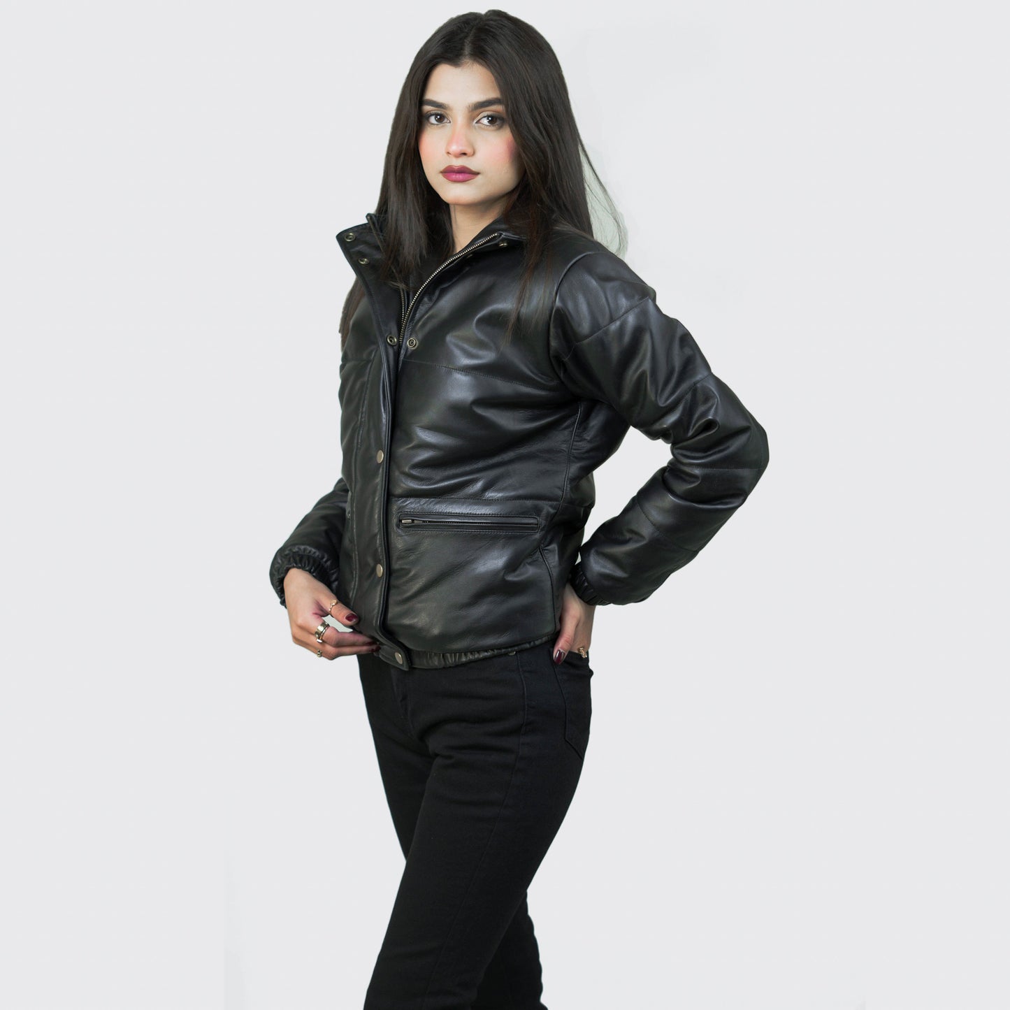 Luxurious Puffer Leather Jacket w/ Stand Collar - Renée