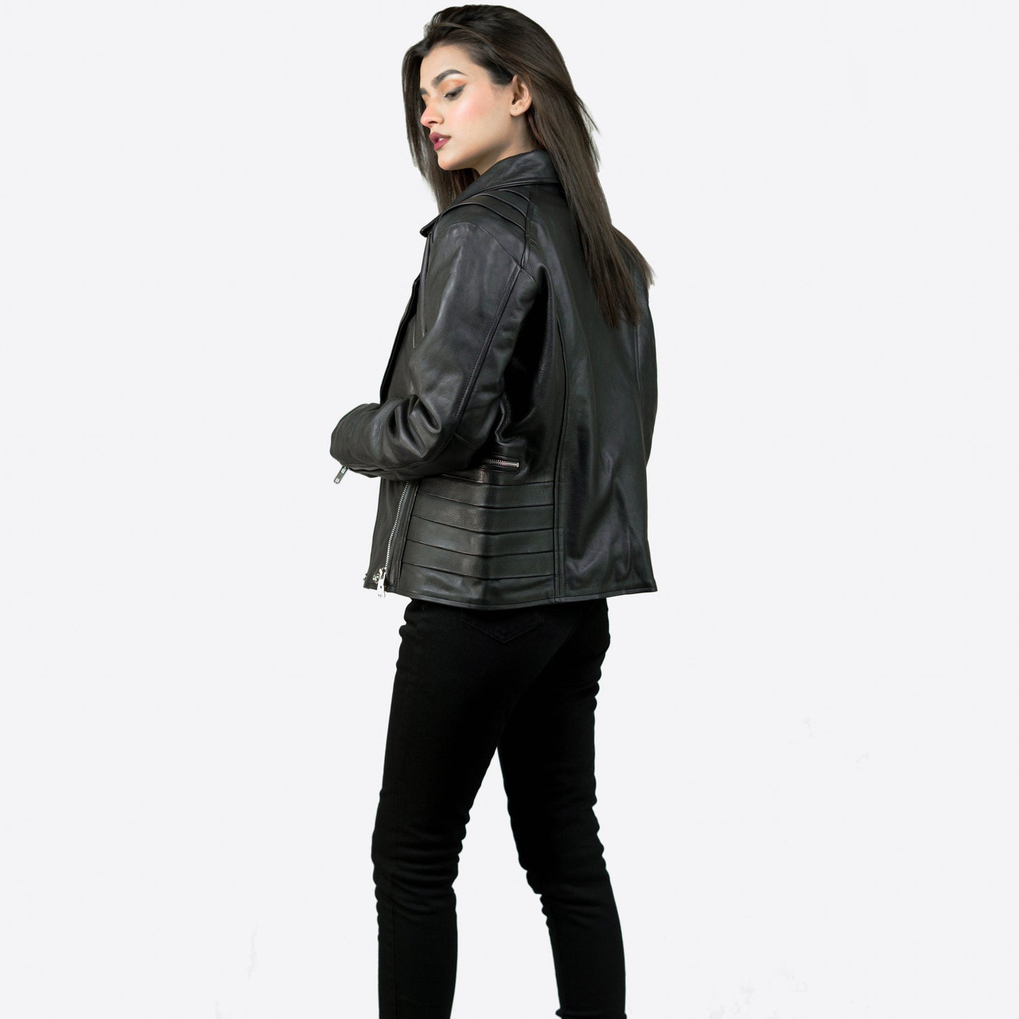 Black Leather Biker Jacket w/ Notch Collar - Aida