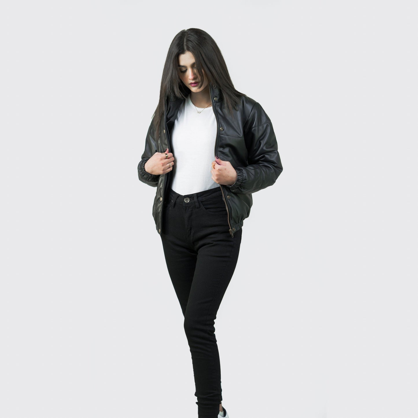 Luxurious Puffer Leather Jacket w/ Stand Collar - Renée