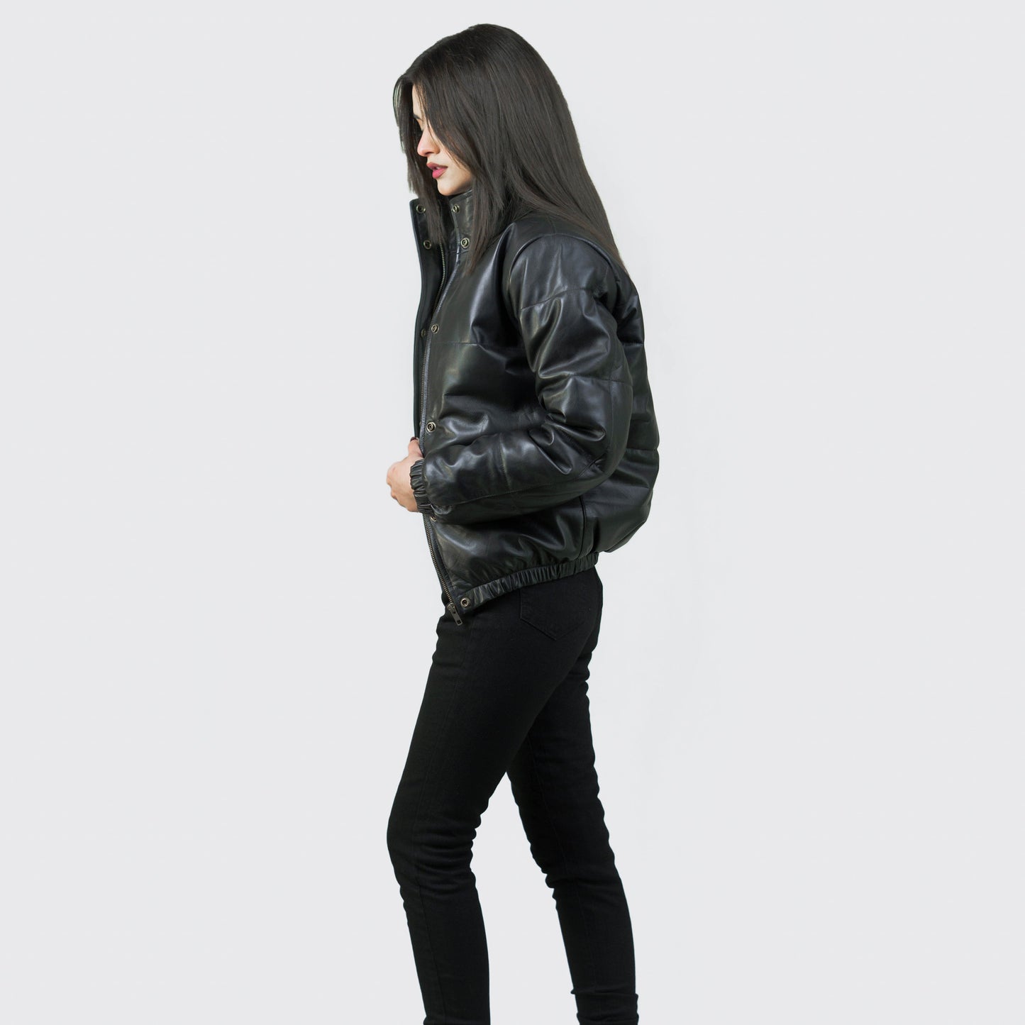 Luxurious Puffer Leather Jacket w/ Stand Collar - Renée