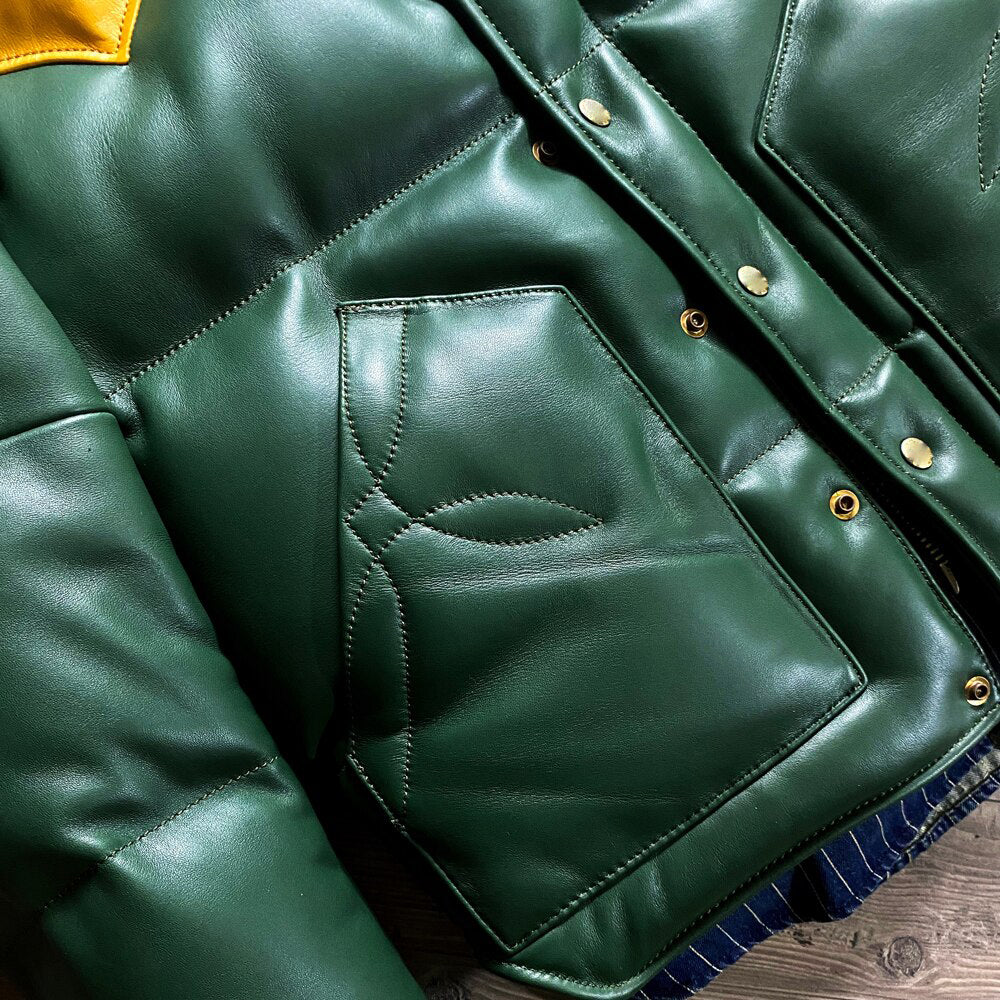 Men's Green Designer Puffer Leather Jacket - Brando