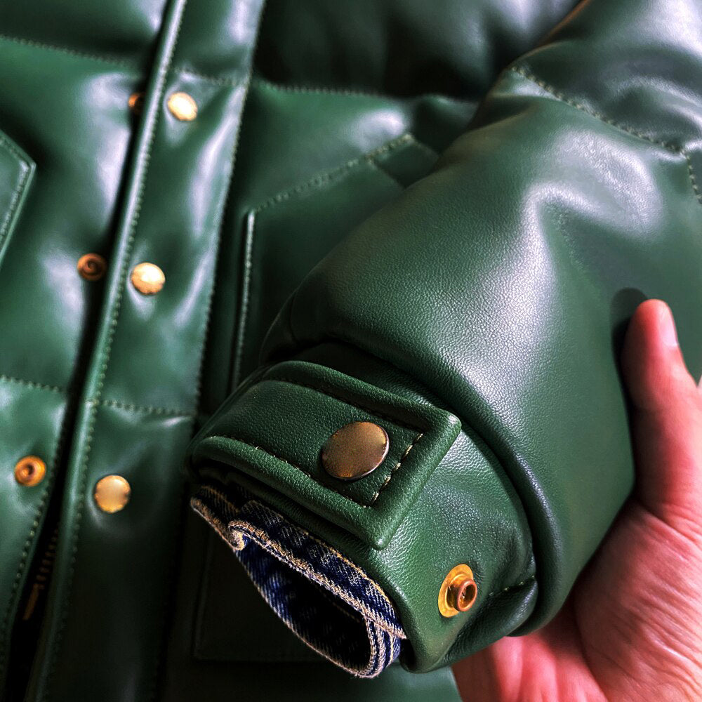 Men's Green Designer Puffer Leather Jacket - Brando