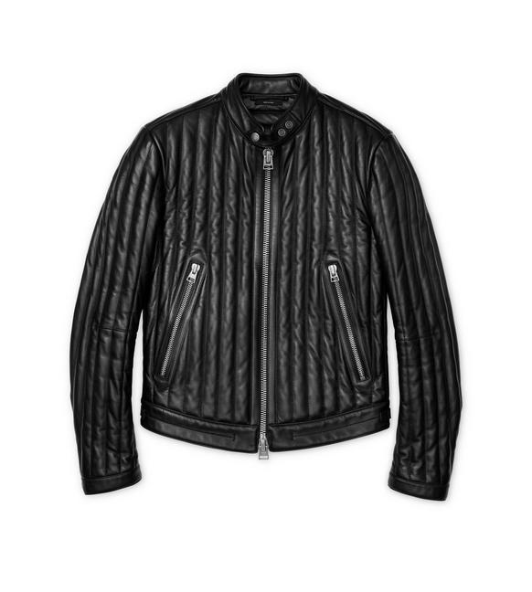 Men's Vertical Channel Leather Biker Jacket - Natanaele