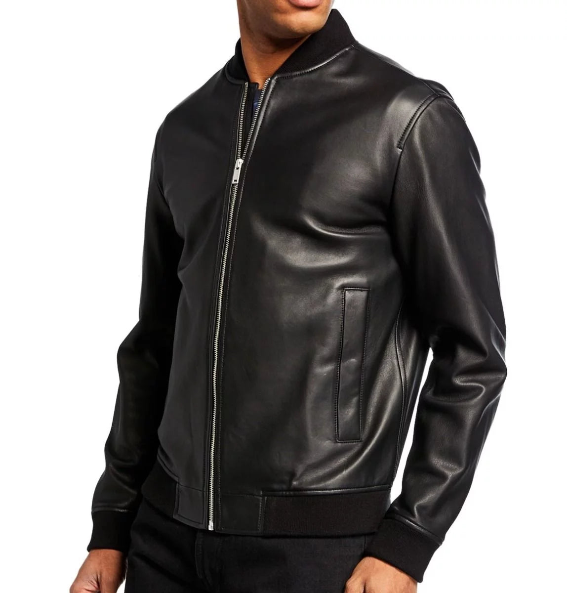 Men's Leather Bomber Jacket w/ Crew Neck - Brando