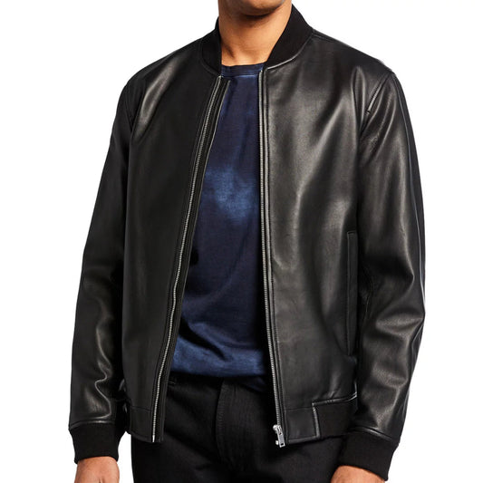Men's Leather Bomber Jacket w/ Crew Neck - Brando