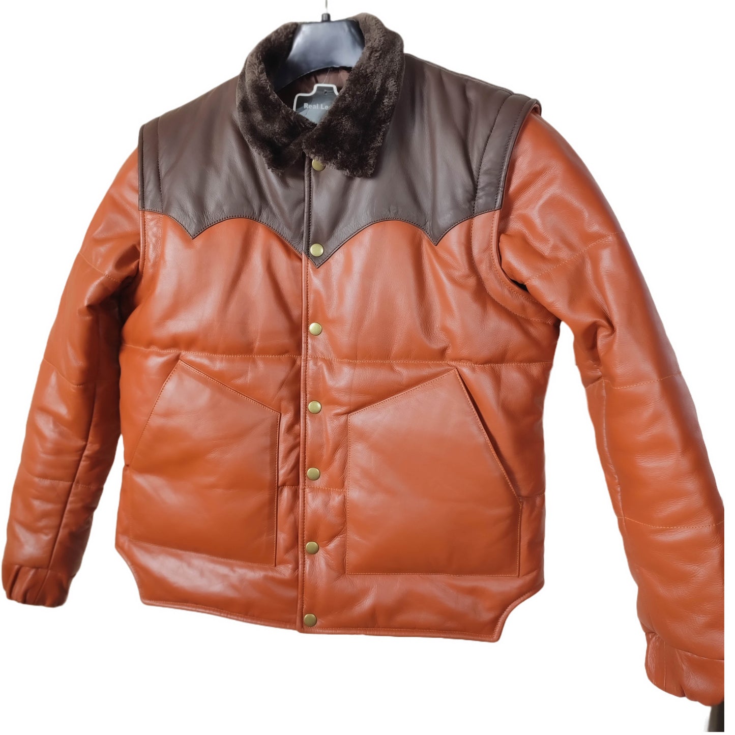 Men's Brown Designer Puffer Leather Jacket - Brando 2.0