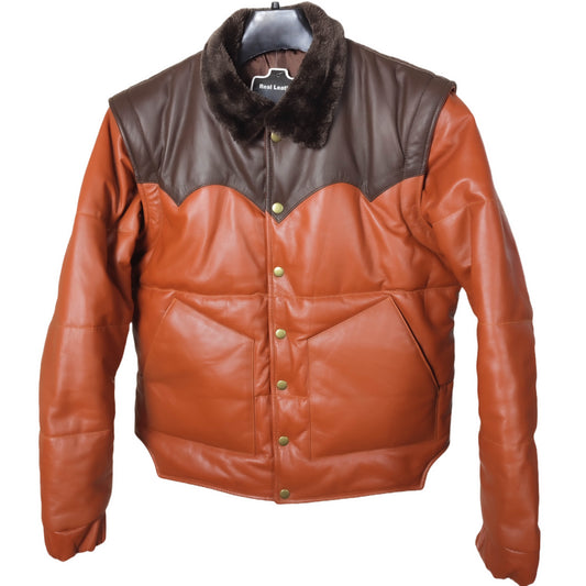 Men's Brown Designer Puffer Leather Jacket - Brando 2.0