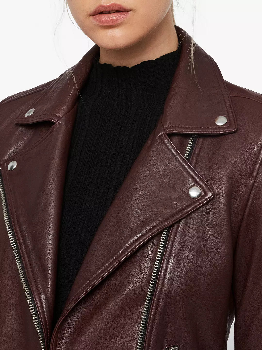 Brown Supple Leather Biker Jacket w/ Notch Collar - Ilaria