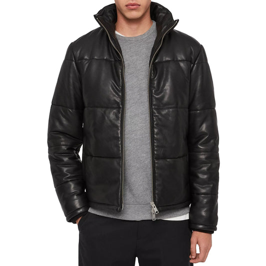 Black Puffer Leather Jacket for Men - Amine