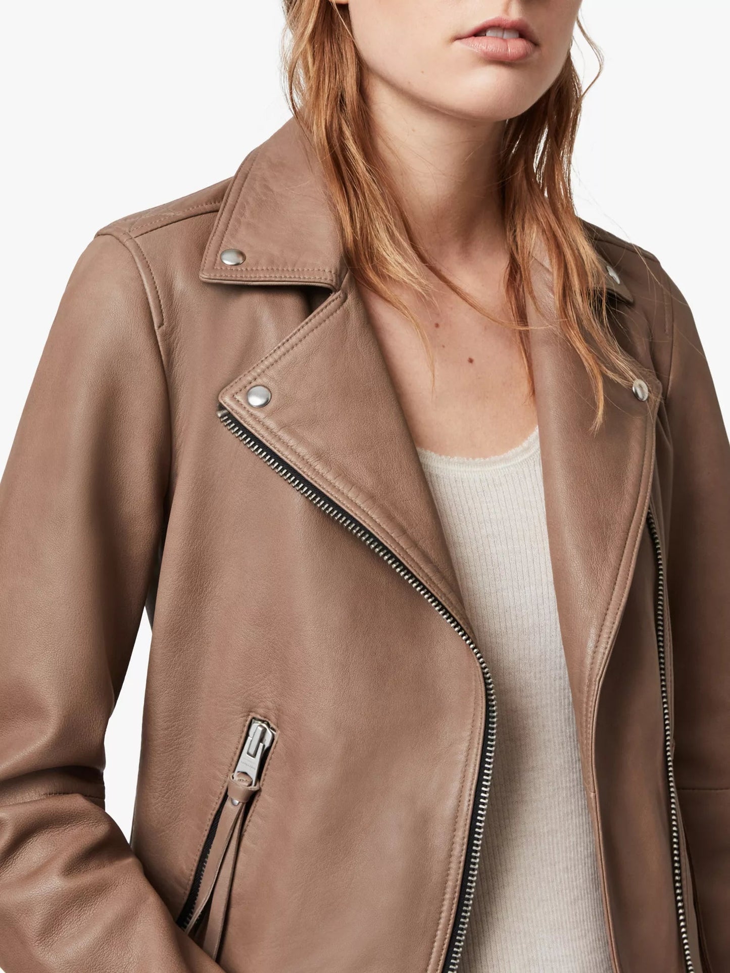 Light Tan Leather Biker Jacket w/ Notch Collar - Aurora