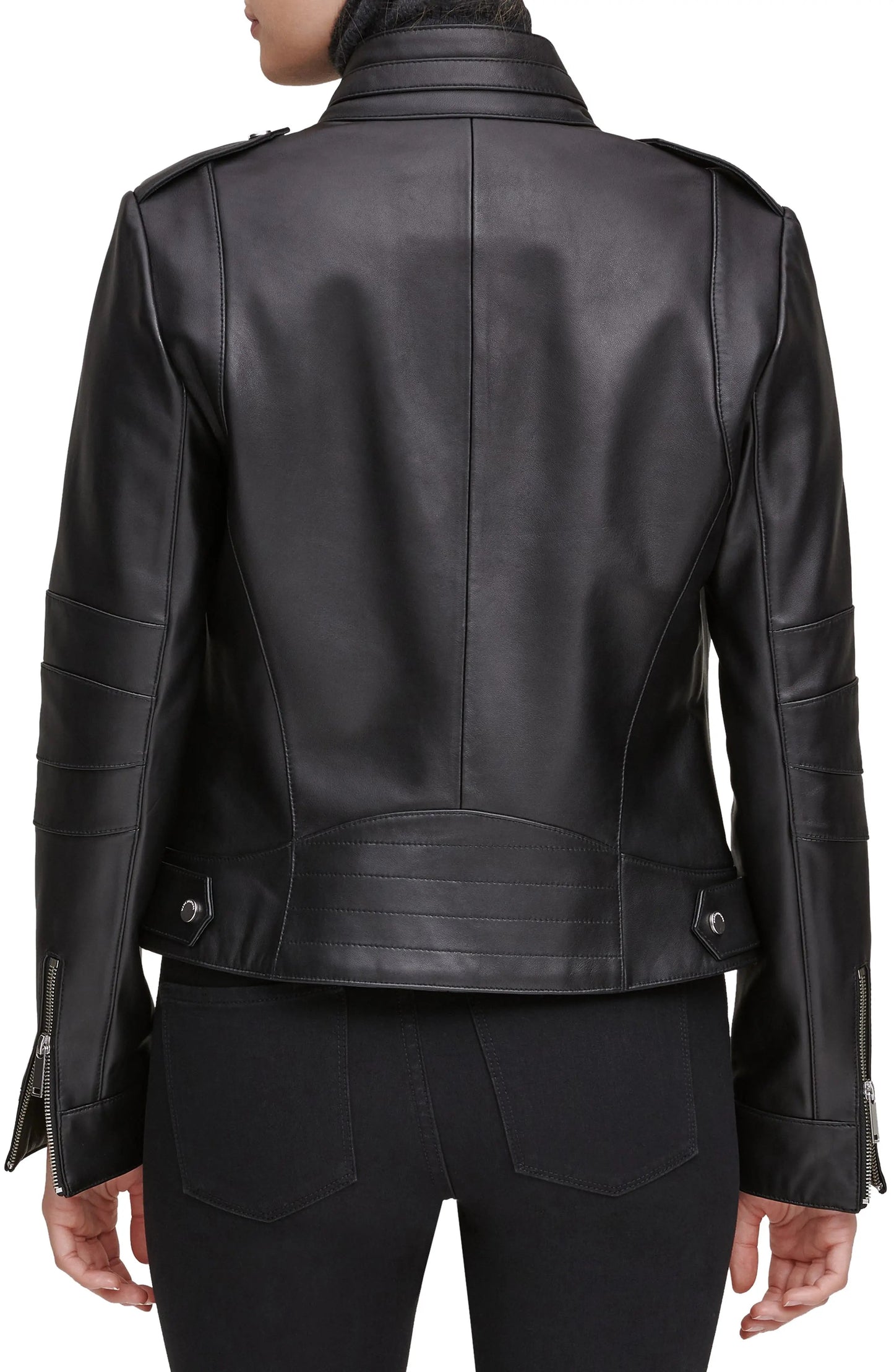 Black Stand Collar Leather Moto Jacket - Ginevra