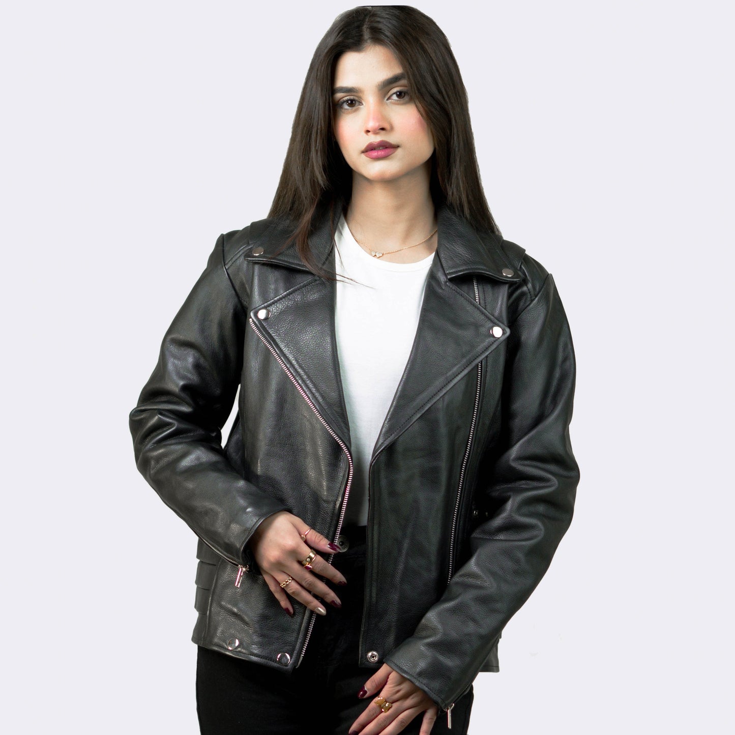 Black Leather Biker Jacket w/ Notch Collar - Aida