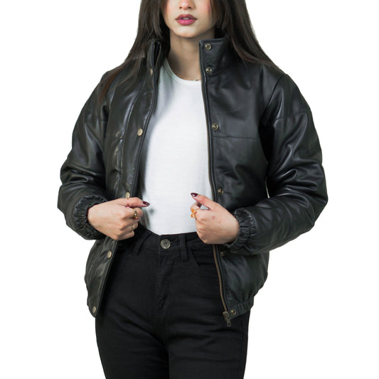Luxurious Puffer Leather Jacket w/ Stand Collar - Renée