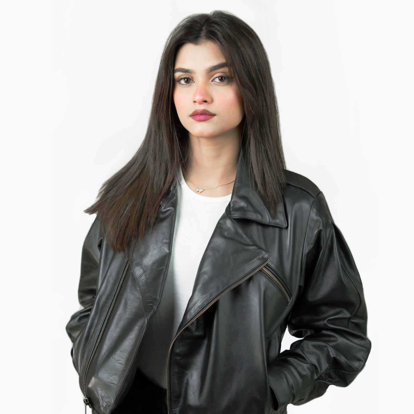 Black Biker Leather Jacket w/ Notch Collar - Lèa