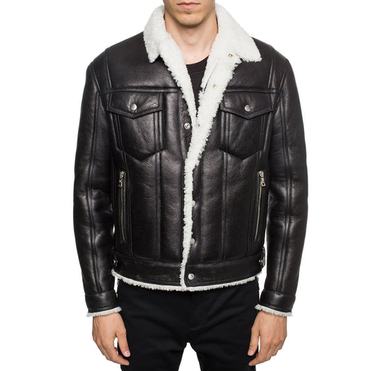 Black Luxurious Designer Leather Jacket w/ Shearling Collar - Maceo