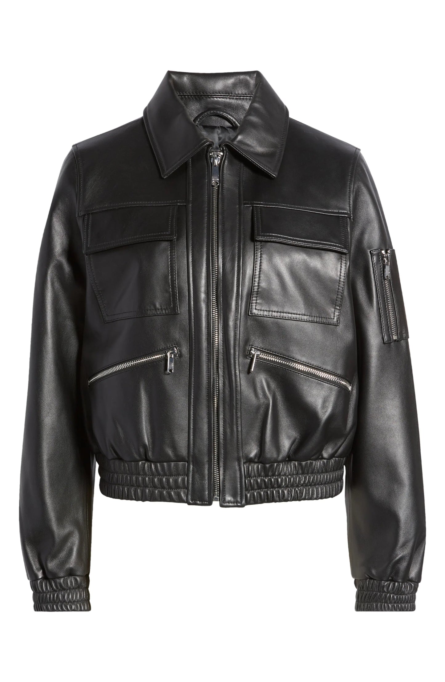 Black Leather Bomber w/ Spread Collar - Aria