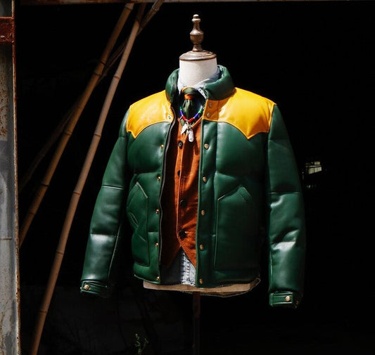 Men's Green Designer Puffer Leather Jacket - Brando
