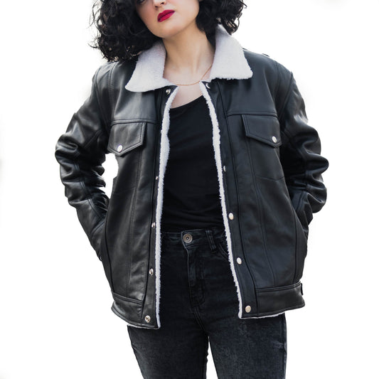 Black Luxurious Leather Jacket w/ Shearling Collar - Iden
