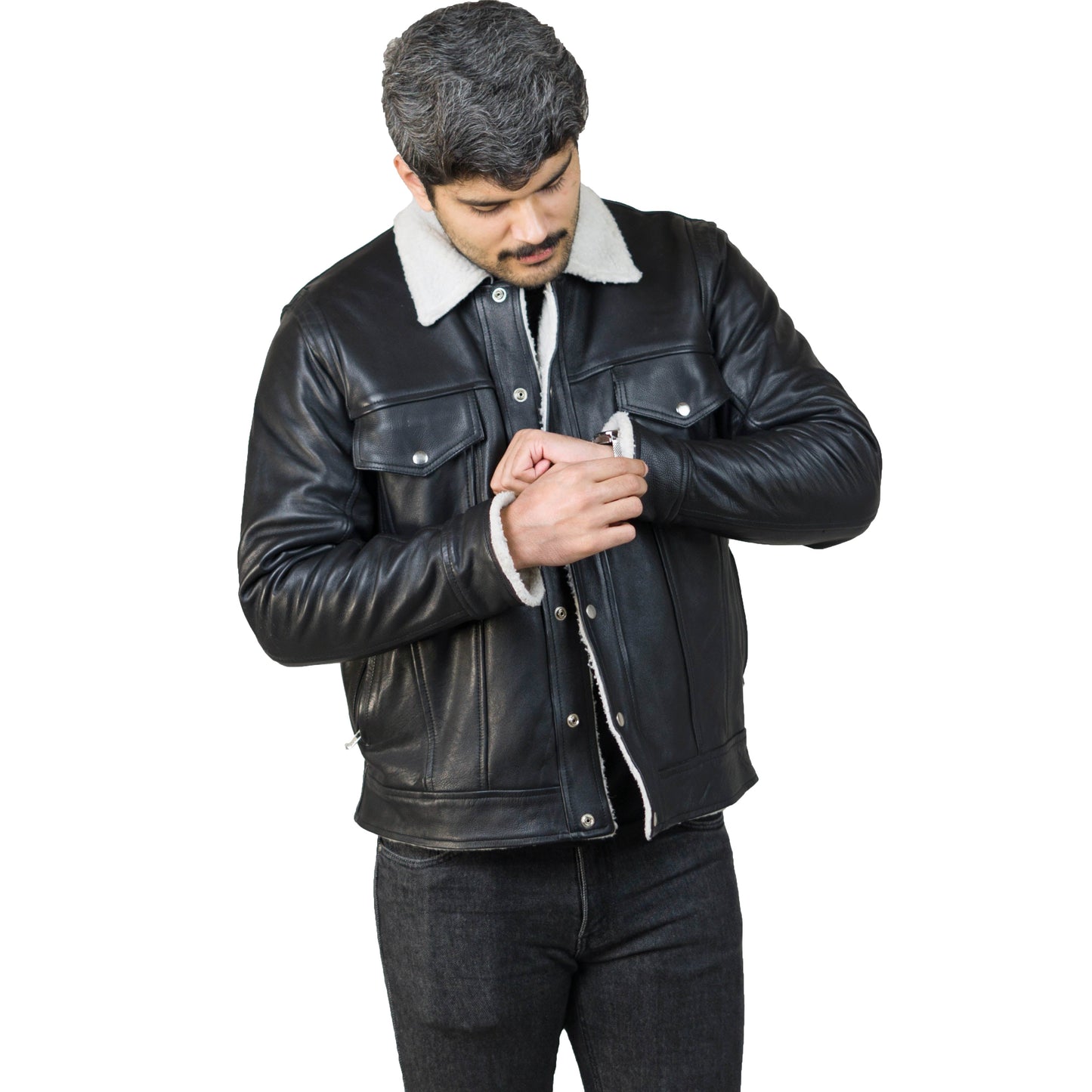 Black Luxurious Designer Leather Jacket w/ Shearling Collar - Maceo