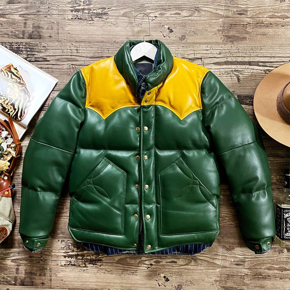 Men's Green Designer Puffer Leather Jacket - Brando