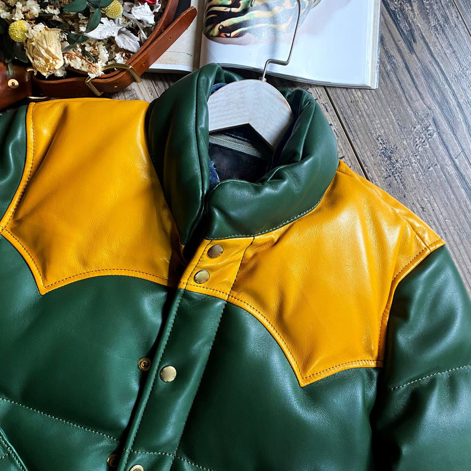 Men's Green Designer Puffer Leather Jacket - Brando