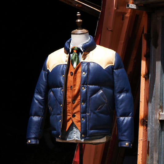 Men's Blue Designer Puffer Leather Jacket - Brando