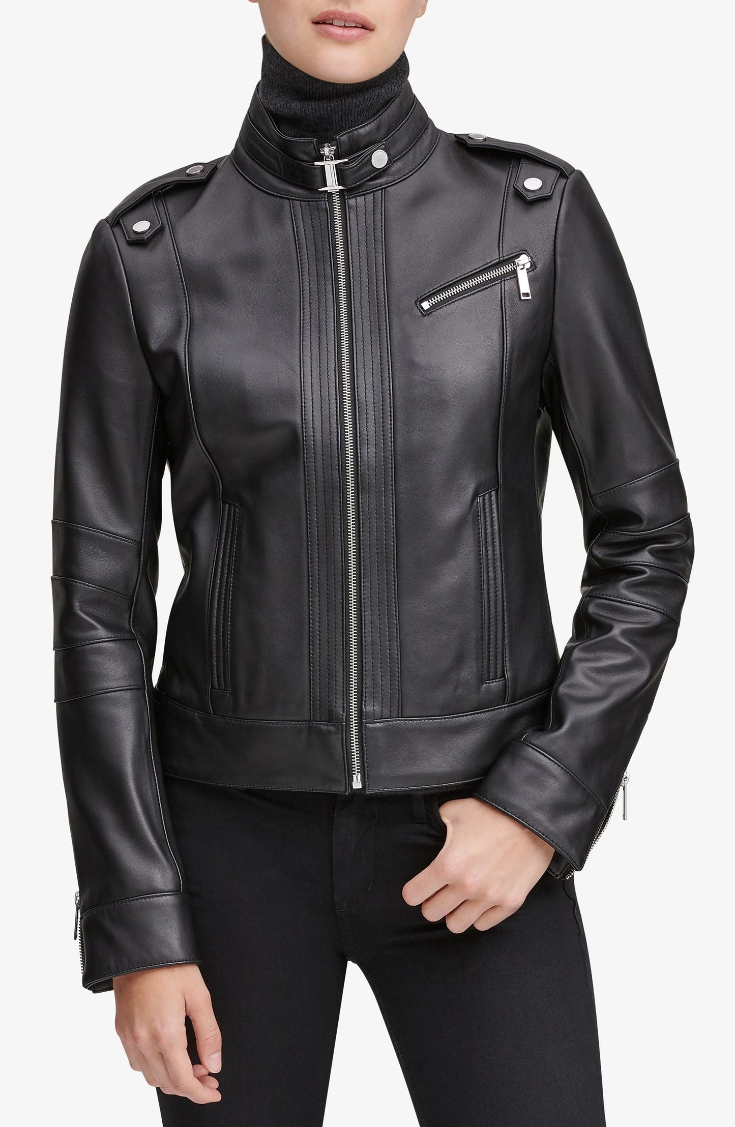Black Stand Collar Leather Moto Jacket - Ginevra