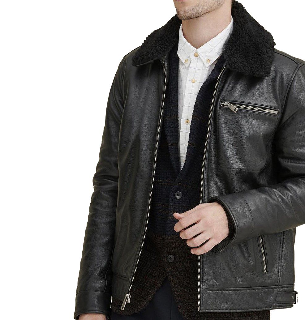 Black Aviator Leather Jacket w/ Faux Shearling Collar - Jules