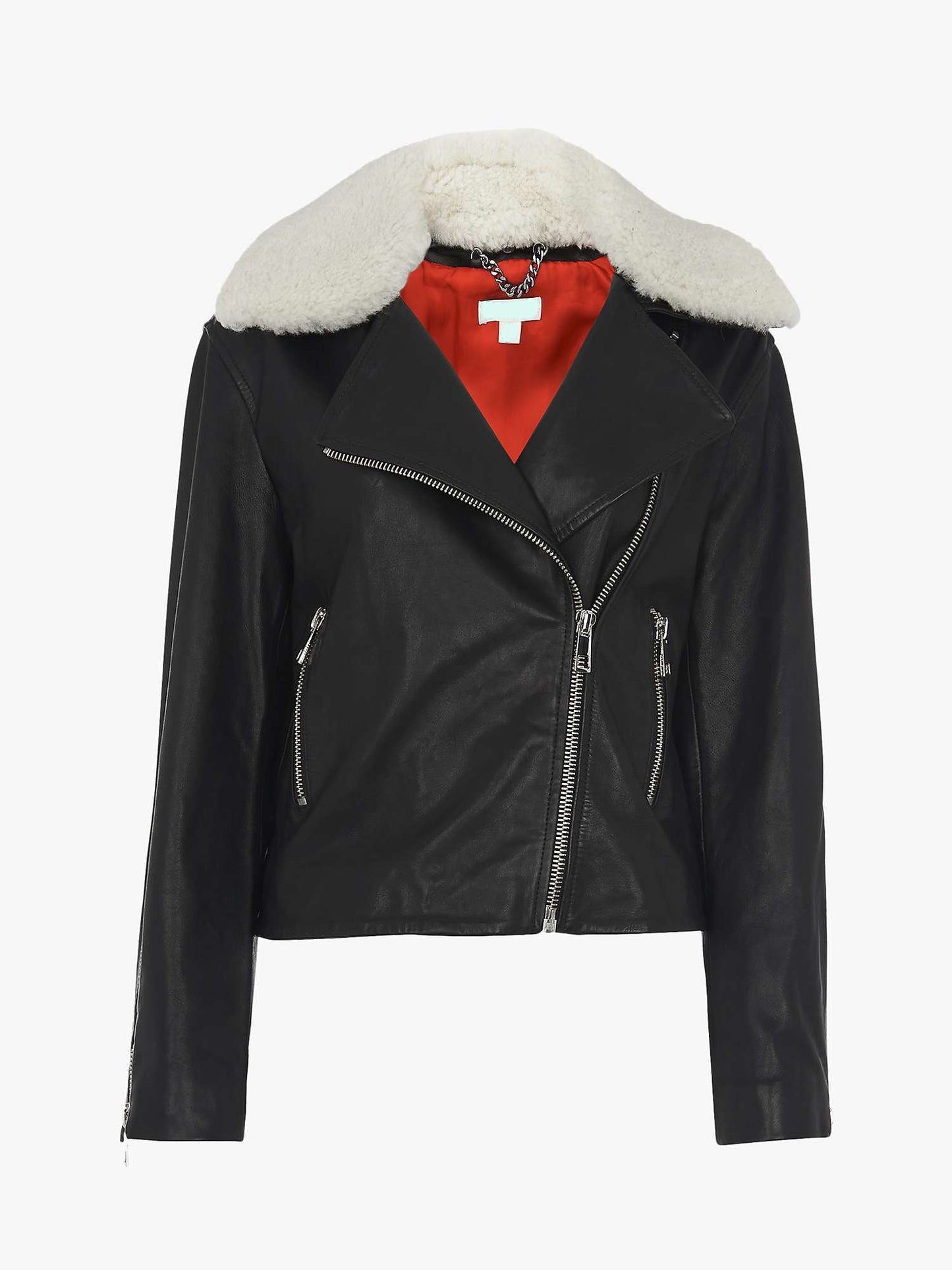 Black Designer Leather Jacket w/ Faux Shearling Collar - Elsa