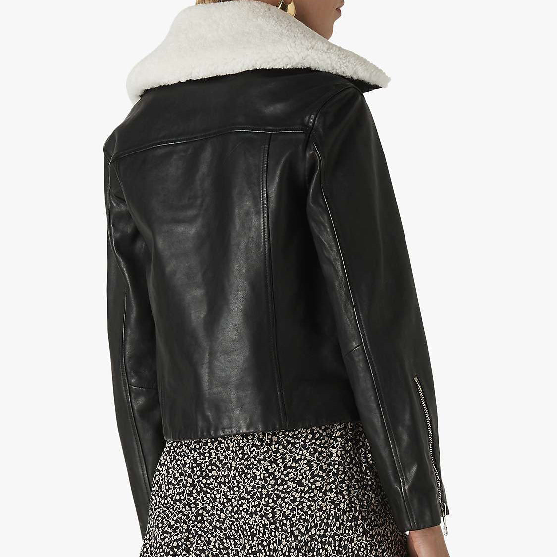 Black Designer Leather Jacket w/ Faux Shearling Collar - Elsa