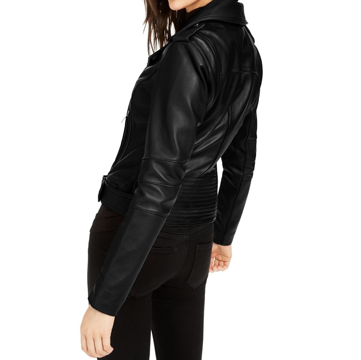 Black Waist Length Leather Biker Jacket w/ Notch Collar - Oba