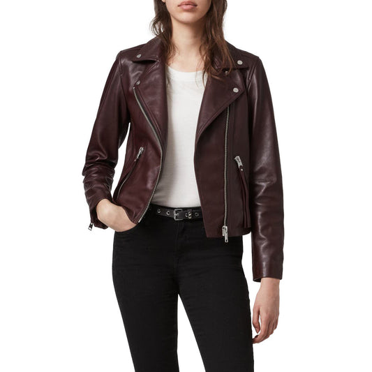 Brown Supple Leather Biker Jacket w/ Notch Collar - Ilaria