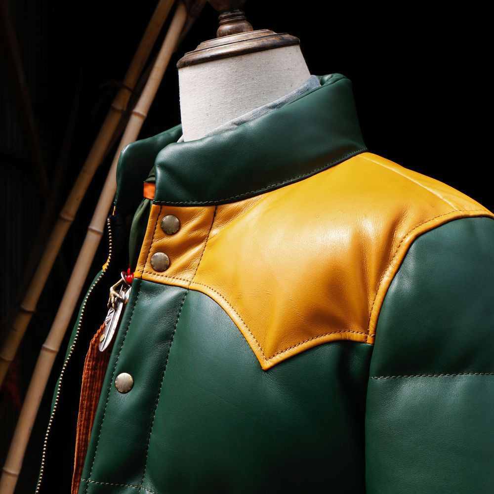 Men's Green Designer Puffer Leather Jacket - Brando