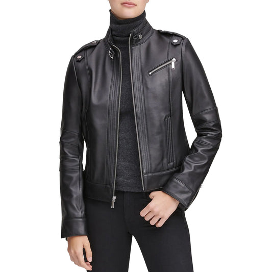 Black Stand Collar Leather Moto Jacket - Ginevra