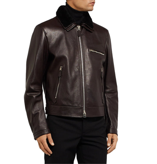 Men's Luxurious Leather Jacket w/ Shearling Collar - Antonio
