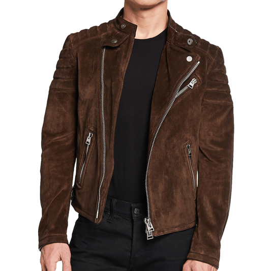 Luxurious Suede Biker Jacket for Men w/ Snap-tab Collar - Dario