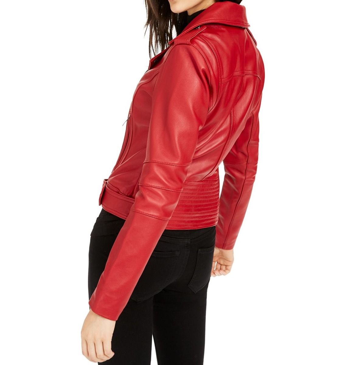 Red Waist Length Leather Biker Jacket w/ Notch Collar - Urbain