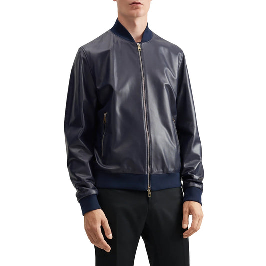 Blue Bomber Leather Jacket for Men - Mika